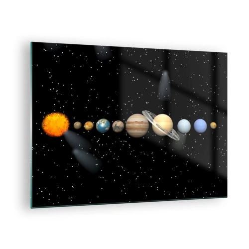 Obraz na skle - Sluneční soustava na pozadí hvězd ve vesmíru - 70x50cm - A planety šílejí, šílejí… - Moderní nástěnná dekorace do obývacího pokoje a ložnice ARTTOR