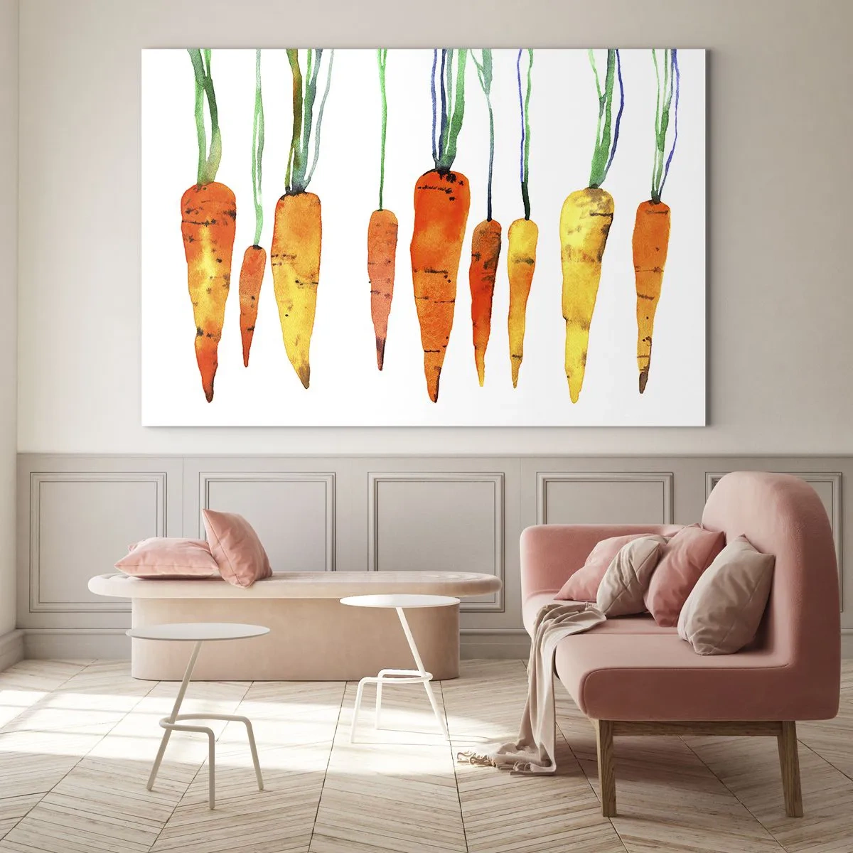Obraz na skle - Akvarelová mrkev v různých odstínech oranžové se zelenými stonky - 70x50cm - Krása obyčejnosti - Moderní nástěnná dekorace do obývacího pokoje a ložnice ARTTOR