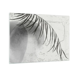 Obraz na skle - Černobílý stín palmového listu - 70x50cm - Subtilní exotika přírody - Moderní nástěnná dekorace do obývacího pokoje a ložnice ARTTOR