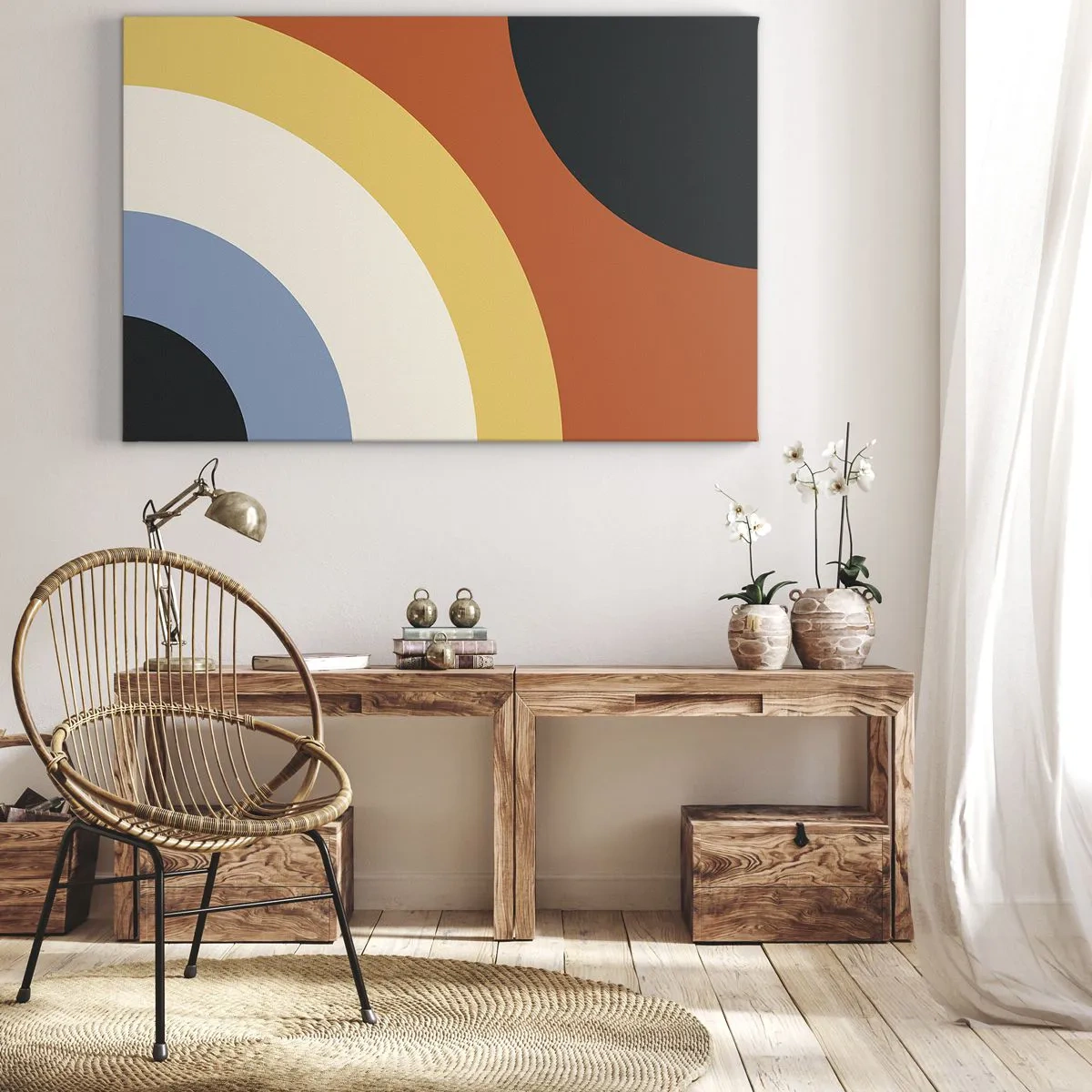 Obraz na plátně - Abstraktní umělecká díla s barevnými oblouky a kontrastními kruhy - 70x50cm - K sobě samému - Moderní nástěnná dekorace do obývacího pokoje a ložnice ARTTOR