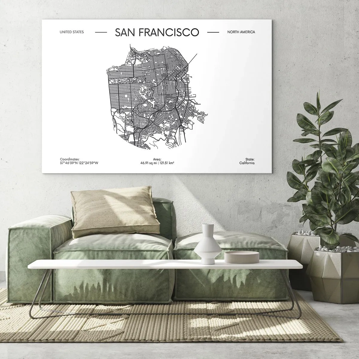 Obraz na skle - Minimalistická mapa ulic San Francisca - 70x50cm - Anatomie San Francisca - Moderní nástěnná dekorace do obývacího pokoje a ložnice ARTTOR