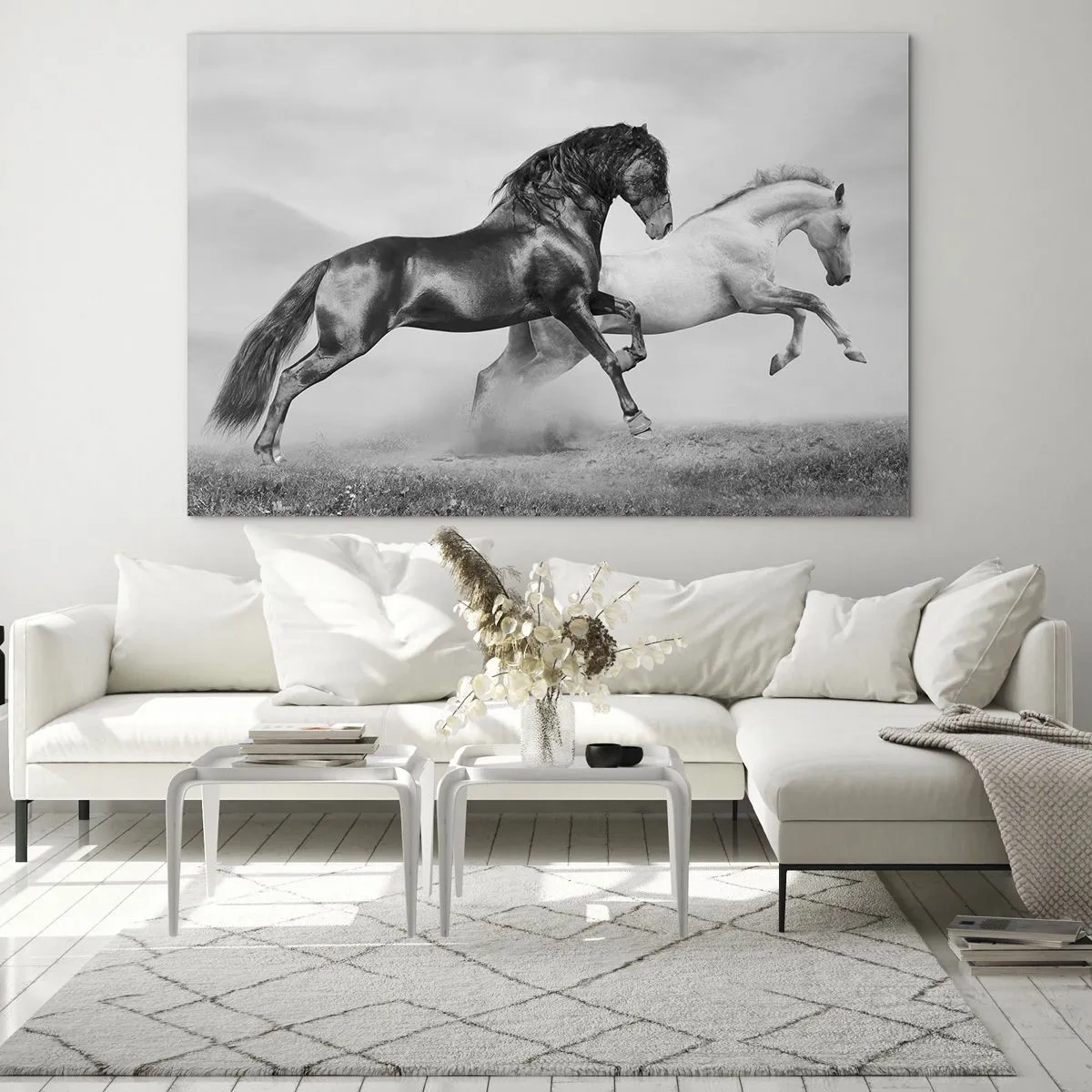 Obraz na skle - Černí a bílí koně v dynamickém prostředí - 70x50cm - Andělé a démoni - Moderní nástěnná dekorace do obývacího pokoje a ložnice ARTTOR
