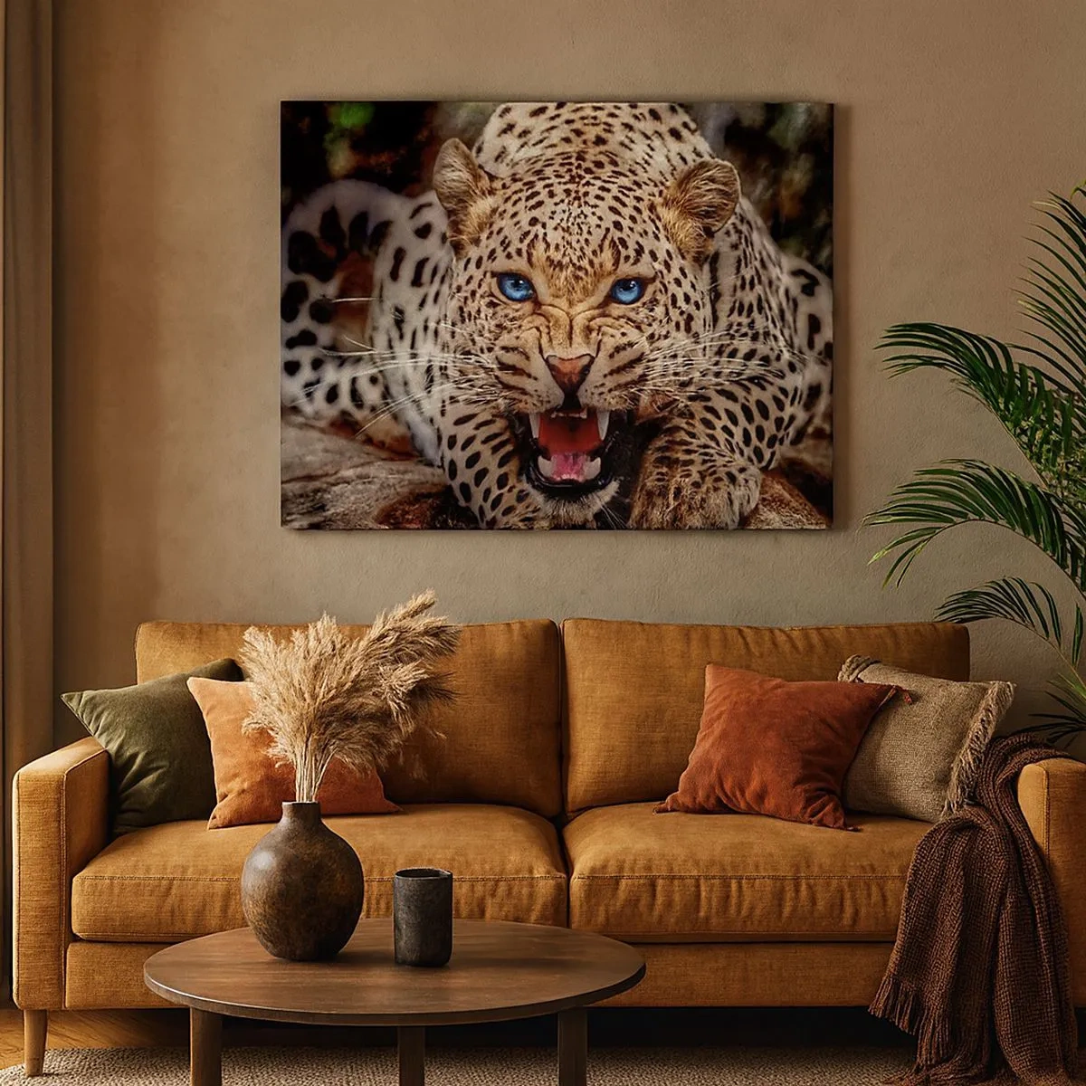 Obraz na plátně - Hrozivý leopard s intenzivně modrýma očima - 70x50cm - Vztek kráse neškodí - Moderní nástěnná dekorace do obývacího pokoje a ložnice ARTTOR