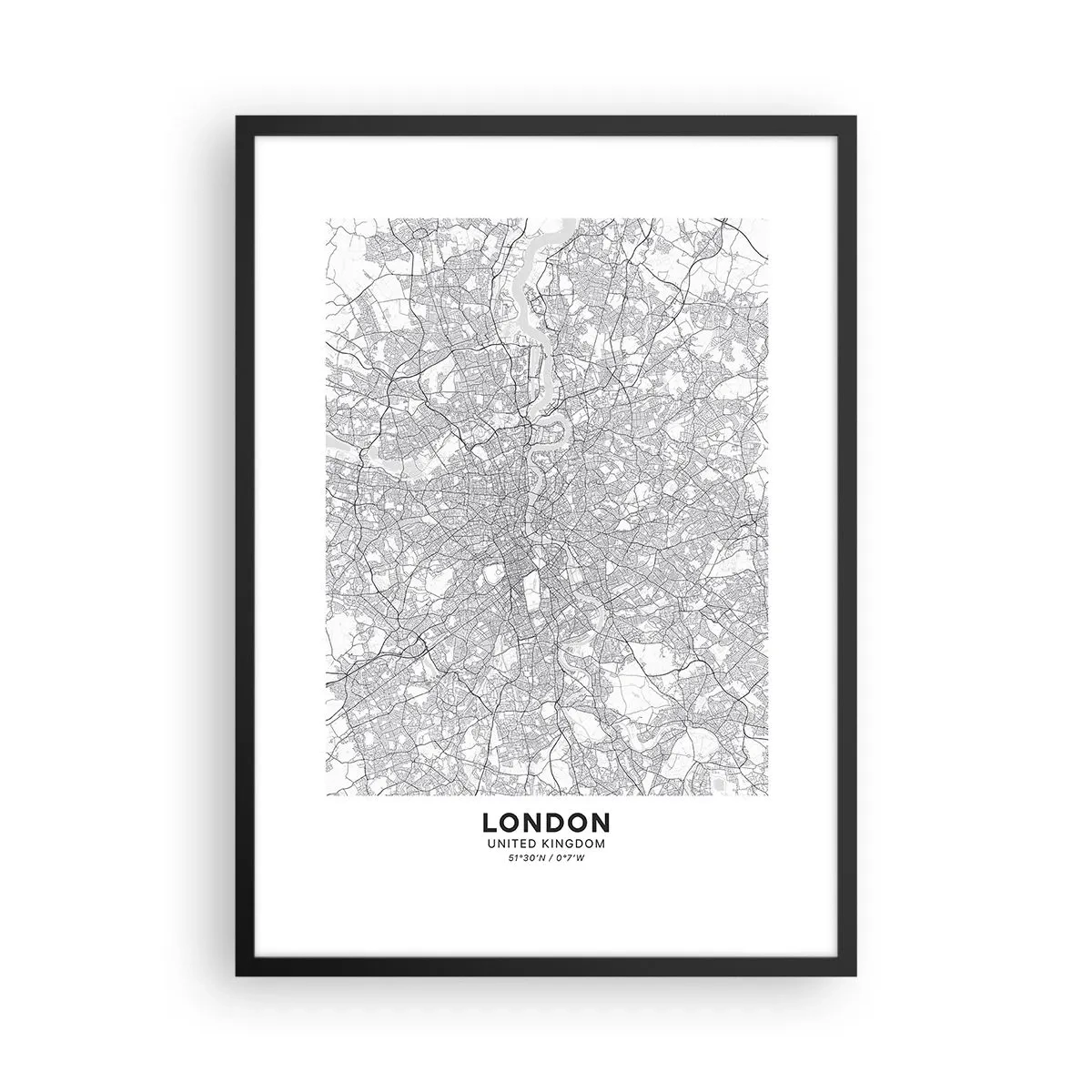 Plakát v černém rámu - Černobílá mapa Londýna s přesnými detaily ulic - 50x70cm - Mapa londýnského labyrintu - Moderní nástěnná dekorace do obývacího pokoje a ložnice ARTTOR