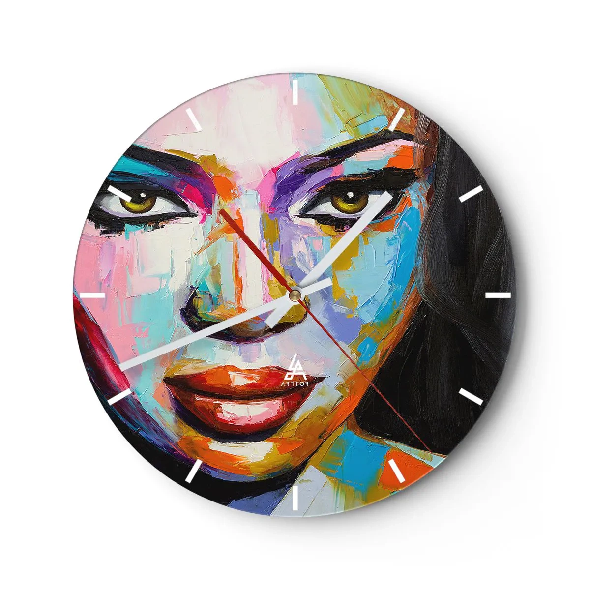 Nástěnné hodiny - Barevný portrét ženy v intenzivních barvách - 30x30cm - Nejde odtrhnout oči - Moderní nástěnná dekorace do obývacího pokoje, kuchyně a ložnice ARTTOR