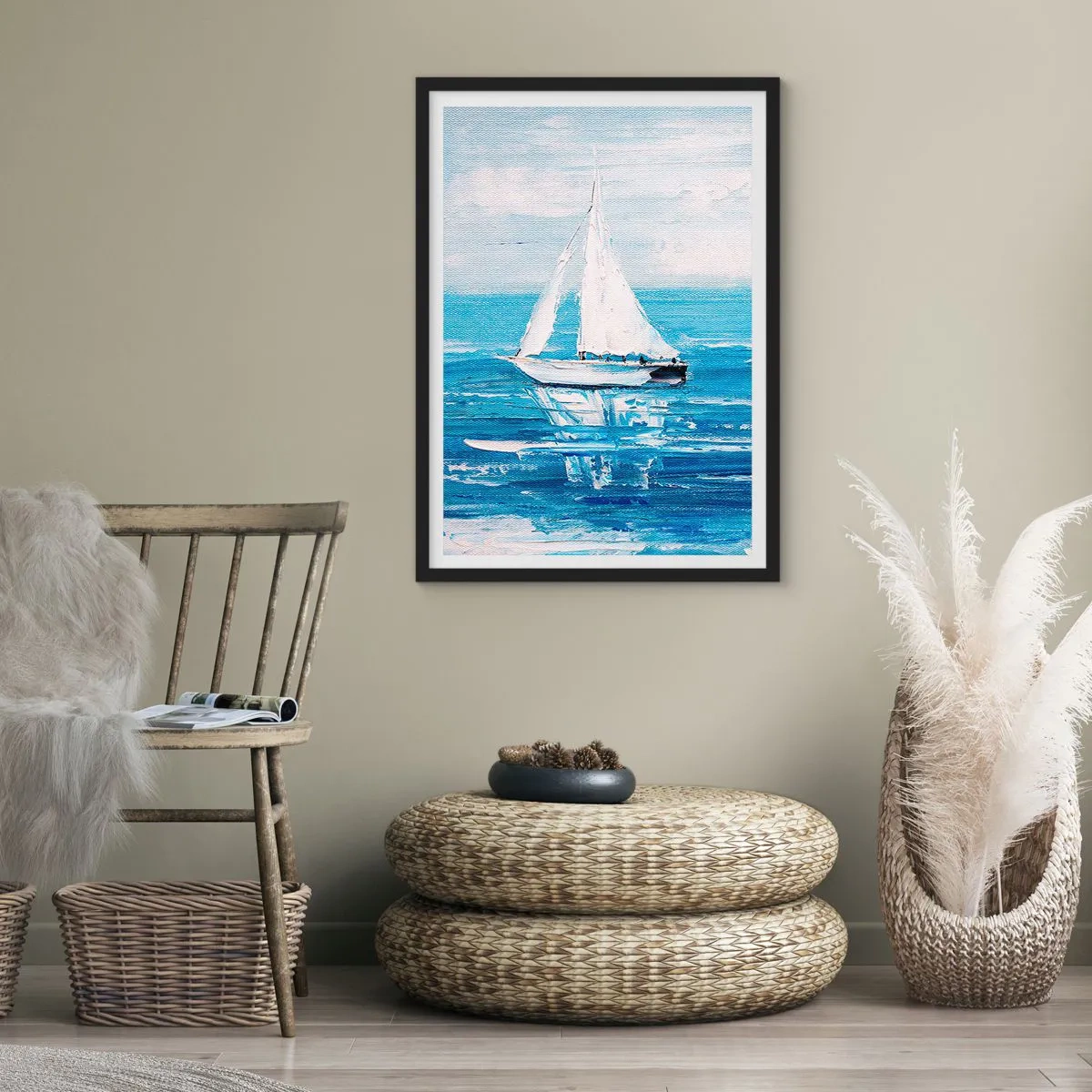 Plakát v černém rámu - Jachta na moři v odstínech modré - 50x70cm - S přítelem po boku - Moderní nástěnná dekorace do obývacího pokoje a ložnice ARTTOR