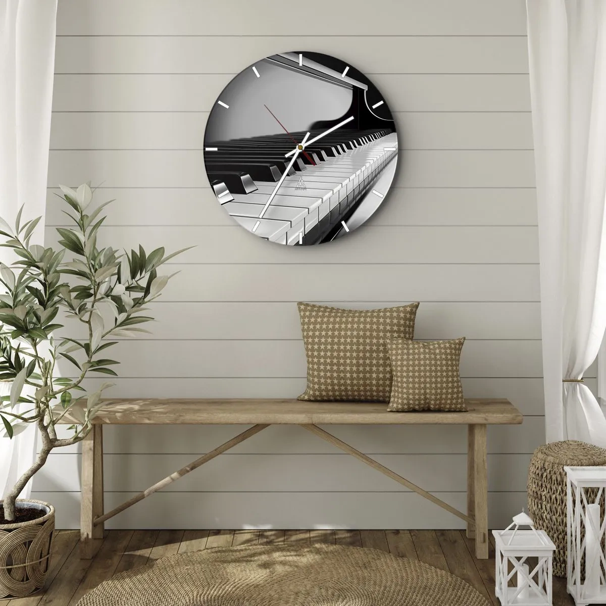 Nástěnné hodiny - Černobílá klávesnice klavíru - 30x30cm - Harmonie tvarů a barev - Moderní nástěnná dekorace do obývacího pokoje, kuchyně a ložnice ARTTOR