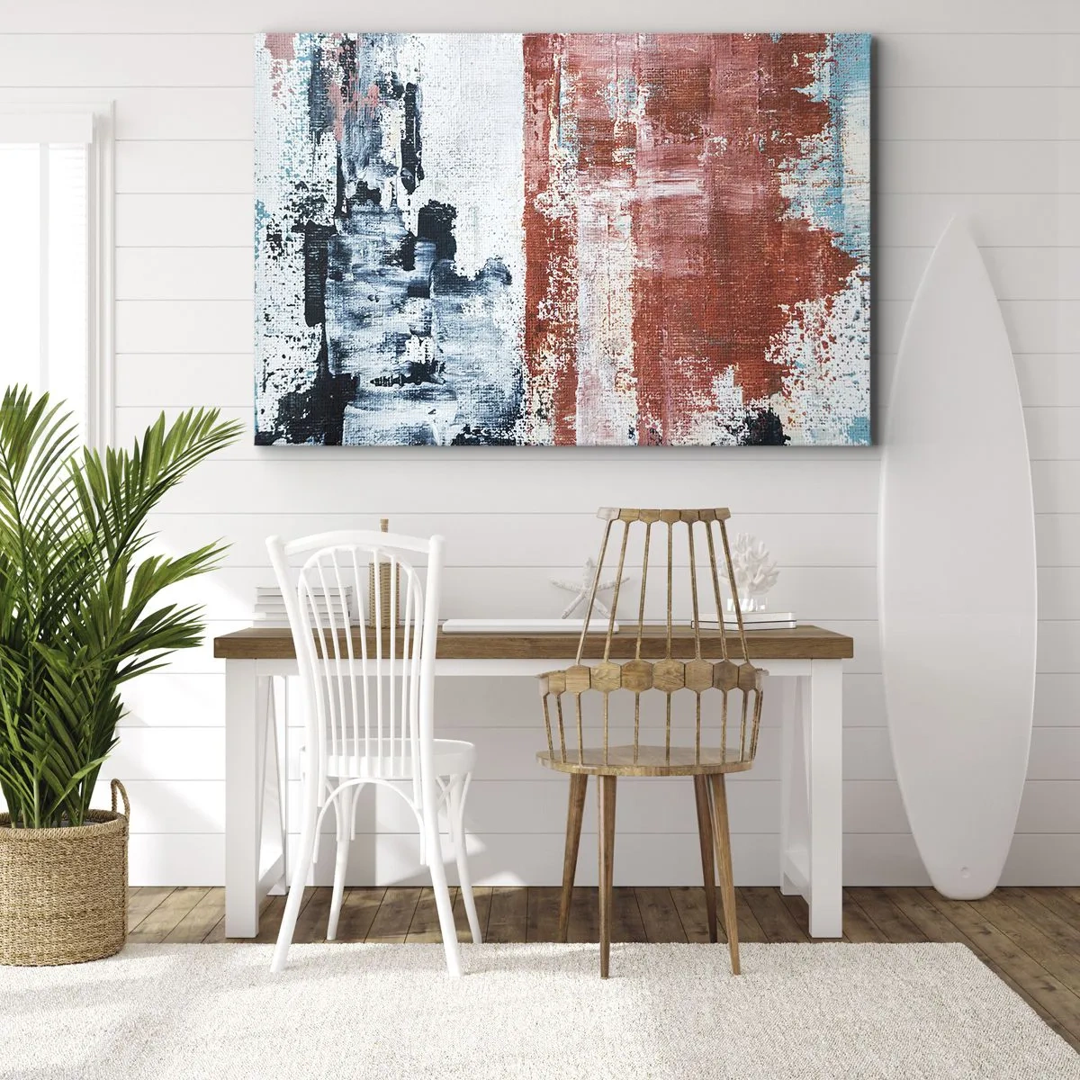 Obraz na plátně - Abstrakce v bílých, modrých a cihlových barvách - 70x50cm - Abstraktní půl na půl - Moderní nástěnná dekorace do obývacího pokoje a ložnice ARTTOR