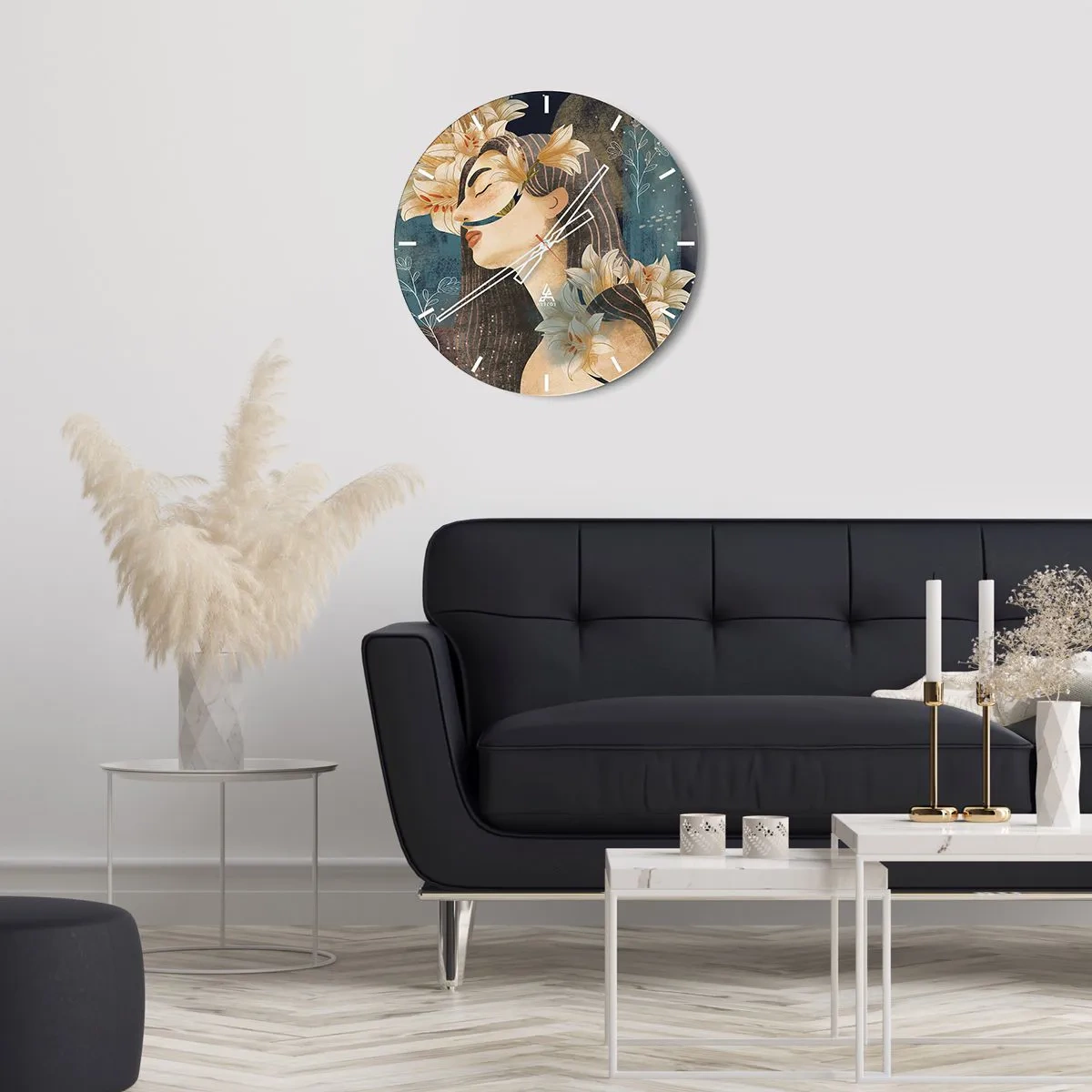 Nástěnné hodiny - Portrét ženy se zavřenýma očima obklopené liliemi - 30x30cm - Pohádka o princezně s liliemi - Moderní nástěnná dekorace do obývacího pokoje, kuchyně a ložnice ARTTOR