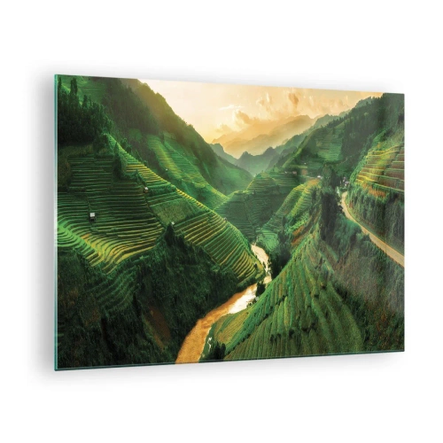 Obraz na skle - Malebné rýžové terasy v údolí při západu slunce - 70x50cm - Vietnamské údolí - Moderní nástěnná dekorace do obývacího pokoje a ložnice ARTTOR