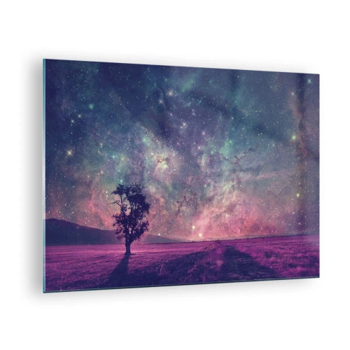 Obraz na skle - Strom na pozadí hvězdné oblohy a galaxie - 70x50cm - Pod magickou oblohou - Moderní nástěnná dekorace do obývacího pokoje a ložnice ARTTOR