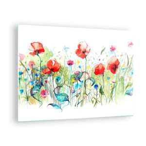 Obraz na skle - Barevné máky a divoké květiny ve stylu akvarelu - 70x50cm - Kvetoucí louka v květnu - Moderní nástěnná dekorace do obývacího pokoje a ložnice ARTTOR