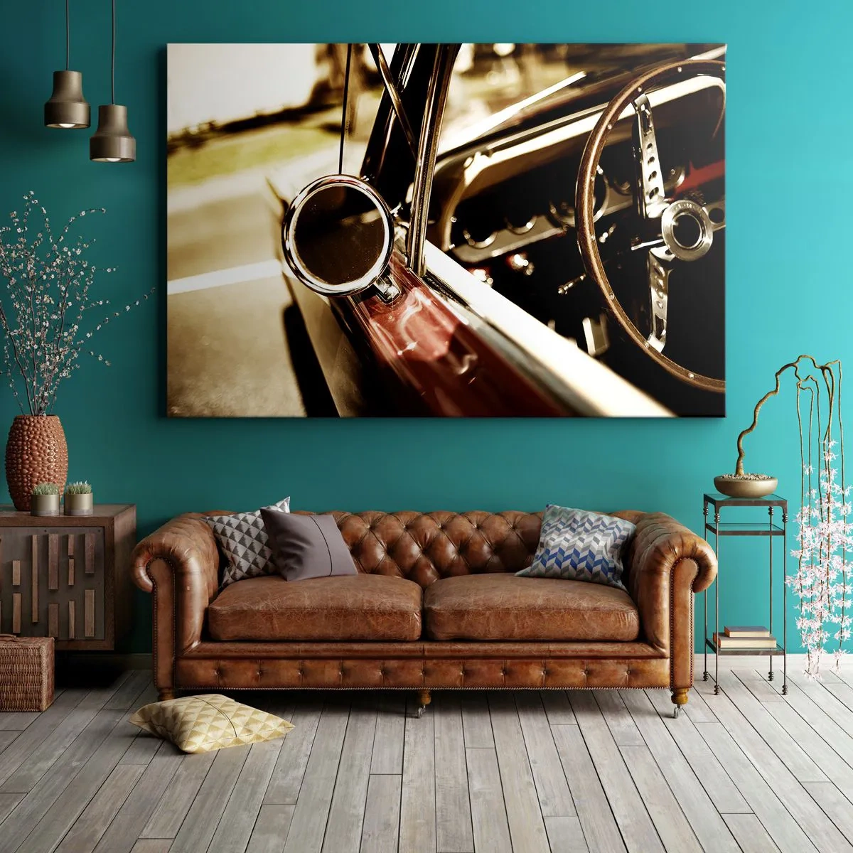 Obraz na plátně - Detail zrcadla a interiéru klasického retro auta - 70x50cm - Auto s duší - Moderní nástěnná dekorace do obývacího pokoje a ložnice ARTTOR