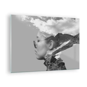 Obraz na skle - Kreativní portrét s dvojitou expozicí, horská krajina a mraky - 70x50cm - Povznešen portrét v oblacích - Moderní nástěnná dekorace do obývacího pokoje a ložnice ARTTOR