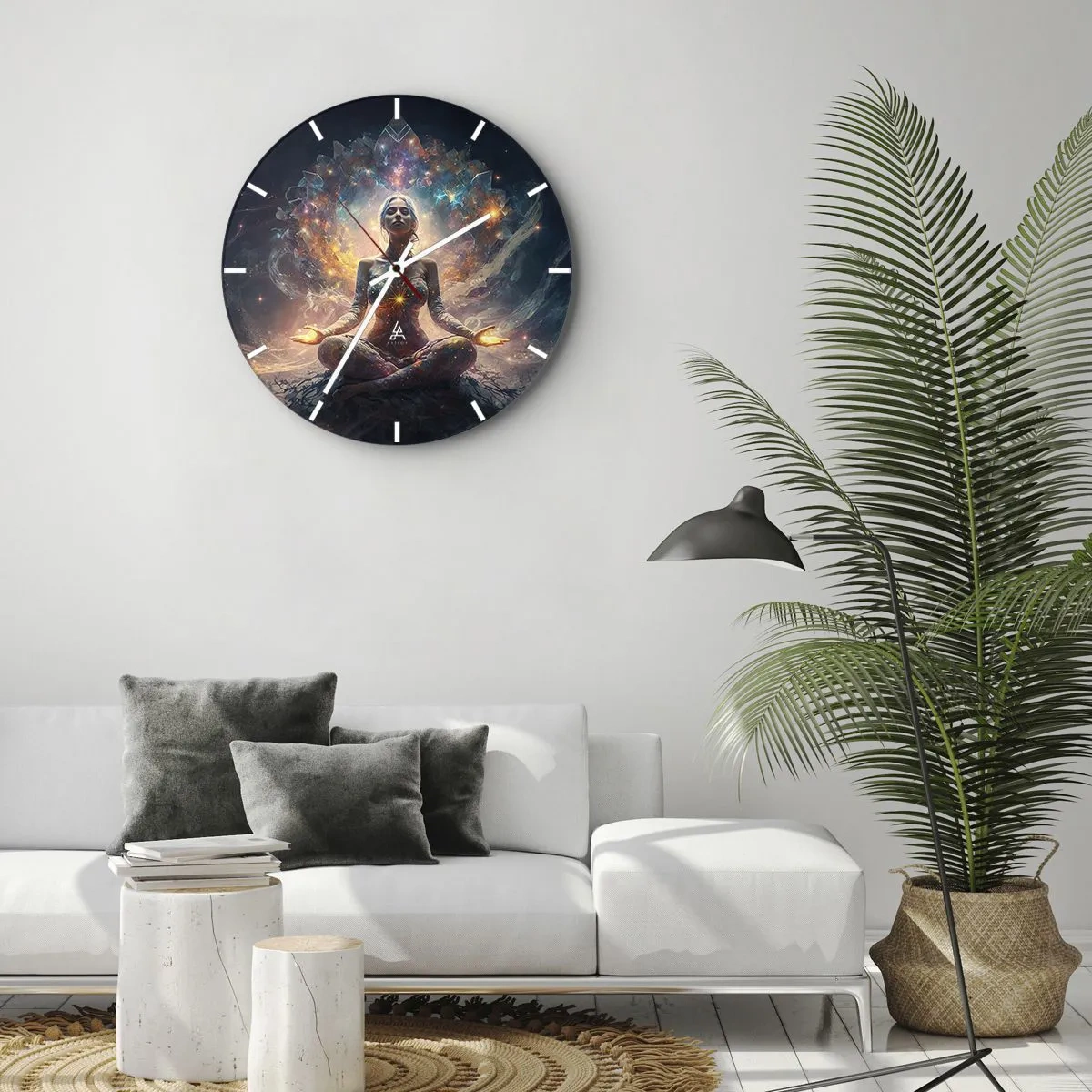 Nástěnné hodiny - Žena v meditaci obklopená energií v barvách galaxie. - 30x30cm - Proudění dobré energie - Moderní nástěnná dekorace do obývacího pokoje, kuchyně a ložnice ARTTOR