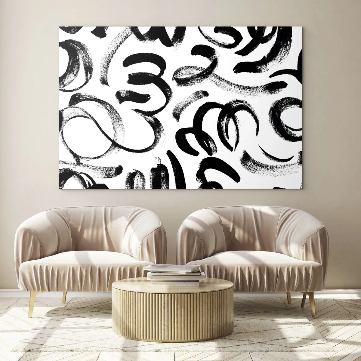 Obraz na skle - Černobílé abstraktní tahy štětcem - 70x50cm - Černé na bílém - Moderní nástěnná dekorace do obývacího pokoje a ložnice ARTTOR