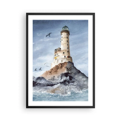 Plakát v černém rámu - Akvarelový obraz majáku na skalnatém pobřeží - 50x70cm - Nepřemožitelná - Moderní nástěnná dekorace do obývacího pokoje a ložnice ARTTOR