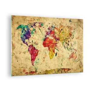 Obraz na skle - Barevná mapa světa na texturovaném, vintage pozadí - 70x50cm - Život je barevný jako papír mapy - Moderní nástěnná dekorace do obývacího pokoje a ložnice ARTTOR