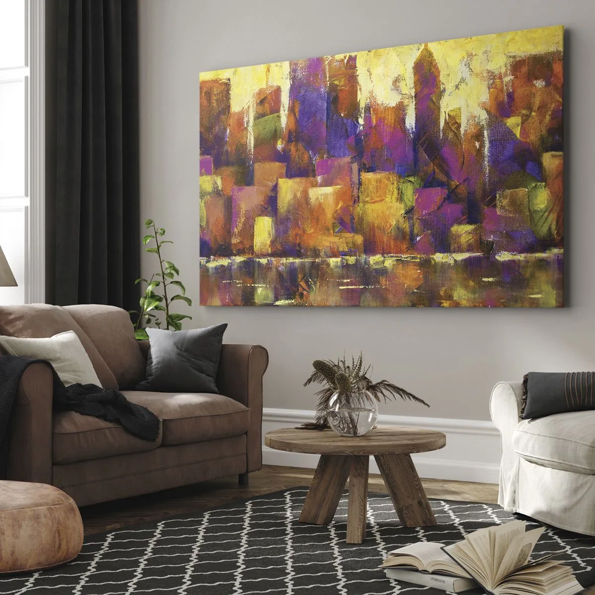 Obraz na plátně - Abstraktní kompozice metropole v odstínech žluté a fialové - 70x50cm - Metropolitní kompozice - Moderní nástěnná dekorace do obývacího pokoje a ložnice ARTTOR