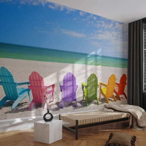 Fototapeta Samolepicí Deluxe Sticker - Duhová pláž - Krajina, Pláž, Lehátka - 500x350 cm