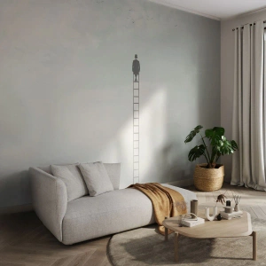 Fototapeta Standard Eco - Postava na vrcholu žebříku v surrealistické krajině - 100x70cm - Povznést se nad to - Moderní nástěnná dekorace do obývacího pokoje a ložnice ARTTOR