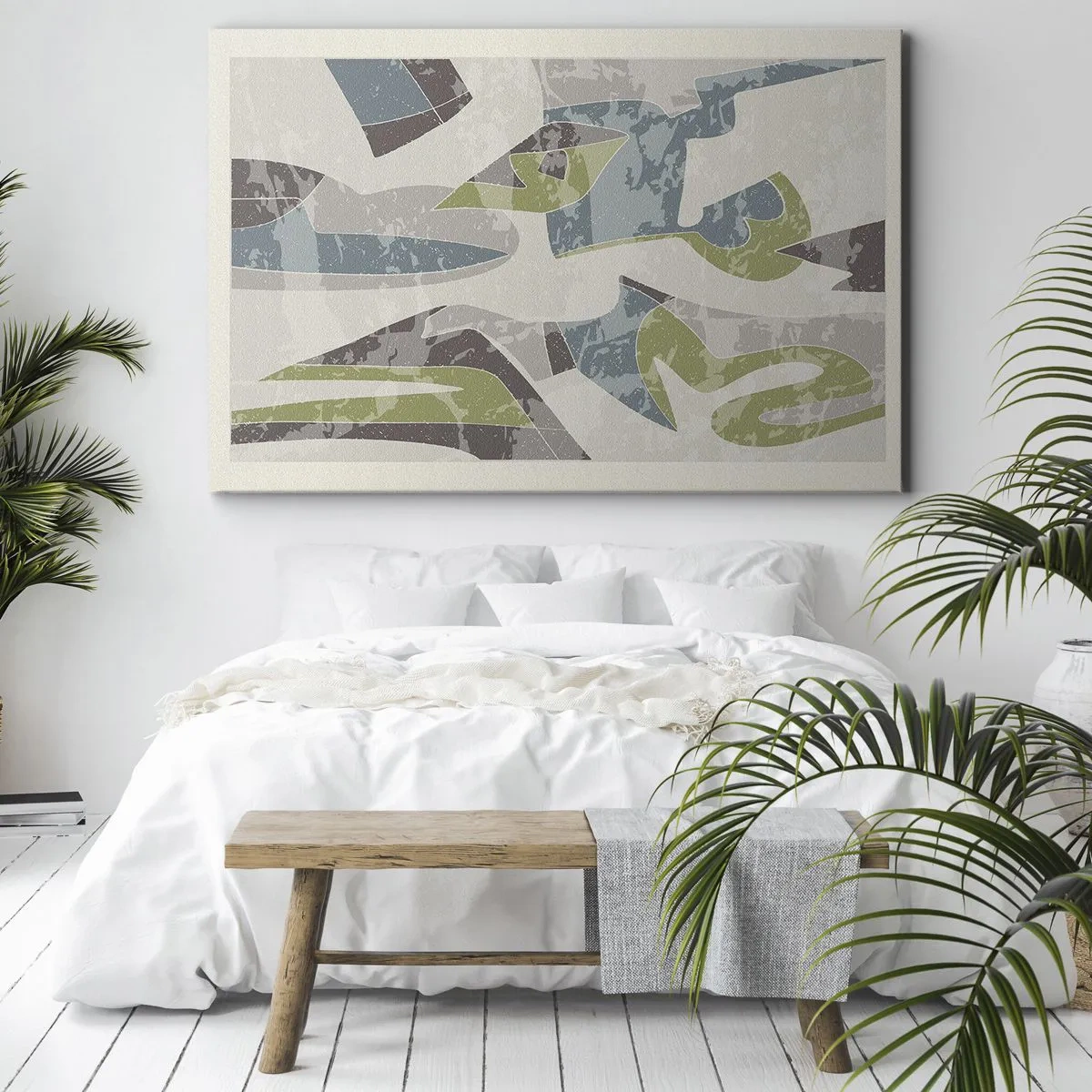 Obraz na plátně - Abstraktní tvary v zelené a modré barvě na světlém pozadí - 70x50cm - Kompozice za sklem - Moderní nástěnná dekorace do obývacího pokoje a ložnice ARTTOR