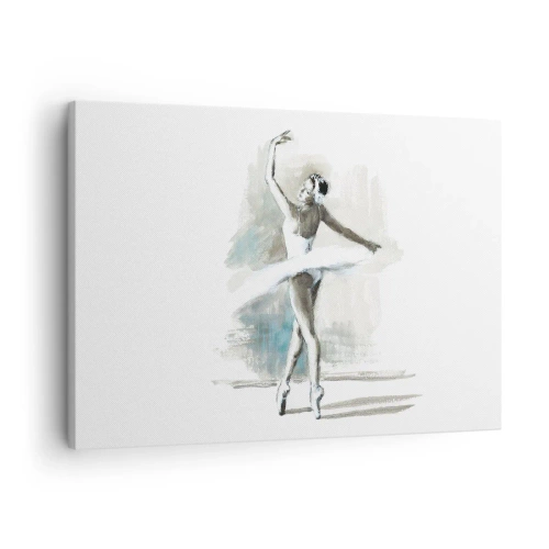 Obraz na plátně - Baletní tanečník v baletní póze na pozadí jemných akvarelových tónů. - 70x50cm - Zakletá do labutě - Moderní nástěnná dekorace do obývacího pokoje a ložnice ARTTOR