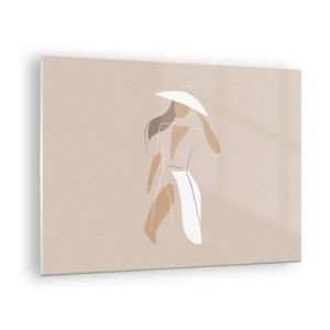 Obraz na skle - Stylizovaná postava ženy v bílém klobouku - 70x50cm - Móda je zábava - Moderní nástěnná dekorace do obývacího pokoje a ložnice ARTTOR