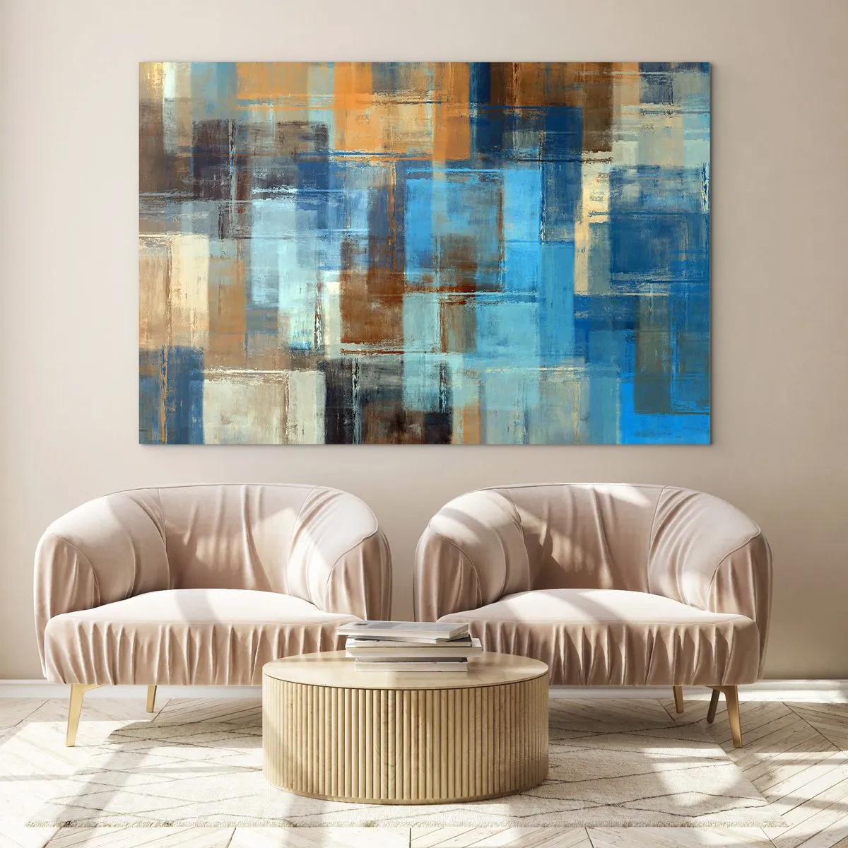 Obraz na skle - Abstraktní geometrické kompozice v odstínech modré a hnědé - 70x50cm - Přes modrý závoj - Moderní nástěnná dekorace do obývacího pokoje a ložnice ARTTOR