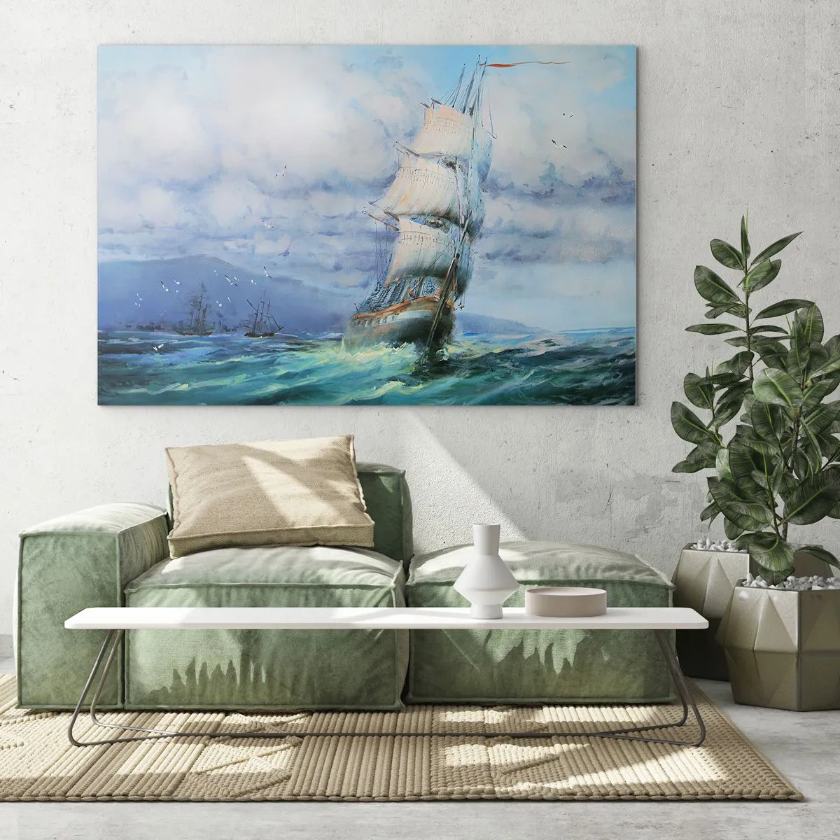 Obraz na skle - Loď s plachtami plující po rozbouřeném moři pod zataženou oblohou - 70x50cm - Šťastnou cestu - Moderní nástěnná dekorace do obývacího pokoje a ložnice ARTTOR