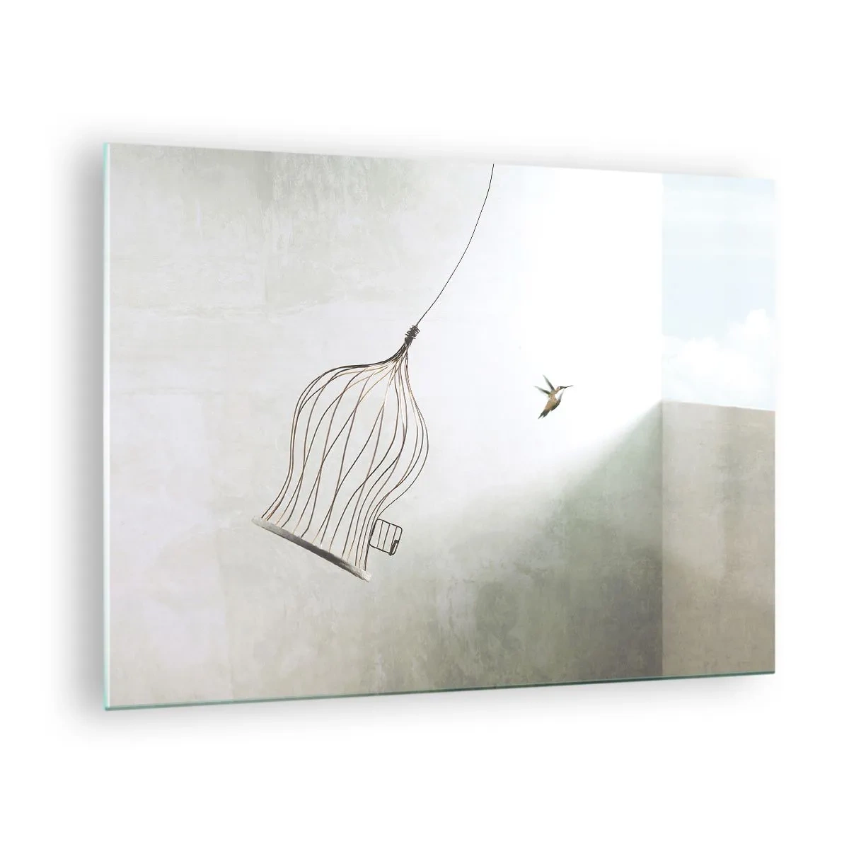 Obraz na skle - Otevřená klec a kolibřík odlétající za denního světla - 70x50cm - Ve svém živlu - Moderní nástěnná dekorace do obývacího pokoje a ložnice ARTTOR