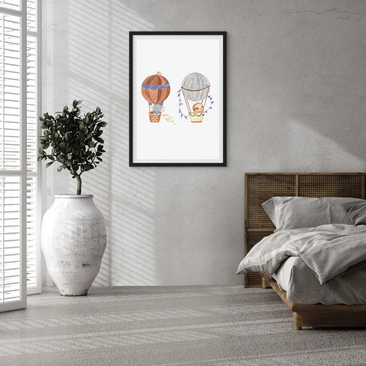 Plakát v černém rámu - Roztomilá zvířata v balóncích na bílém pozadí ve stylu akvarelu - 50x70cm - Přátelé na cestách - Moderní nástěnná dekorace do obývacího pokoje a ložnice ARTTOR