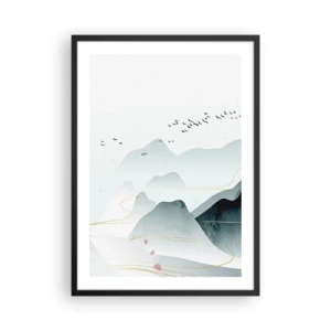Plakát v černém rámu - Jemné hory a ptáci v minimalistické kompozici - 50x70cm - Přes vrcholy - Moderní nástěnná dekorace do obývacího pokoje a ložnice ARTTOR