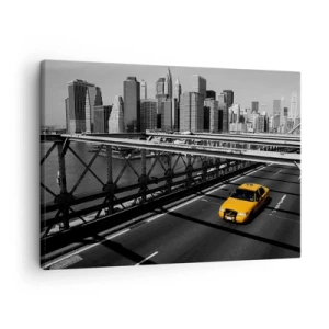 Obraz na plátně - Žluté taxi na mostě s výhledem na panorama New Yorku - 70x50cm - Barva velkoměsta - Moderní nástěnná dekorace do obývacího pokoje a ložnice ARTTOR