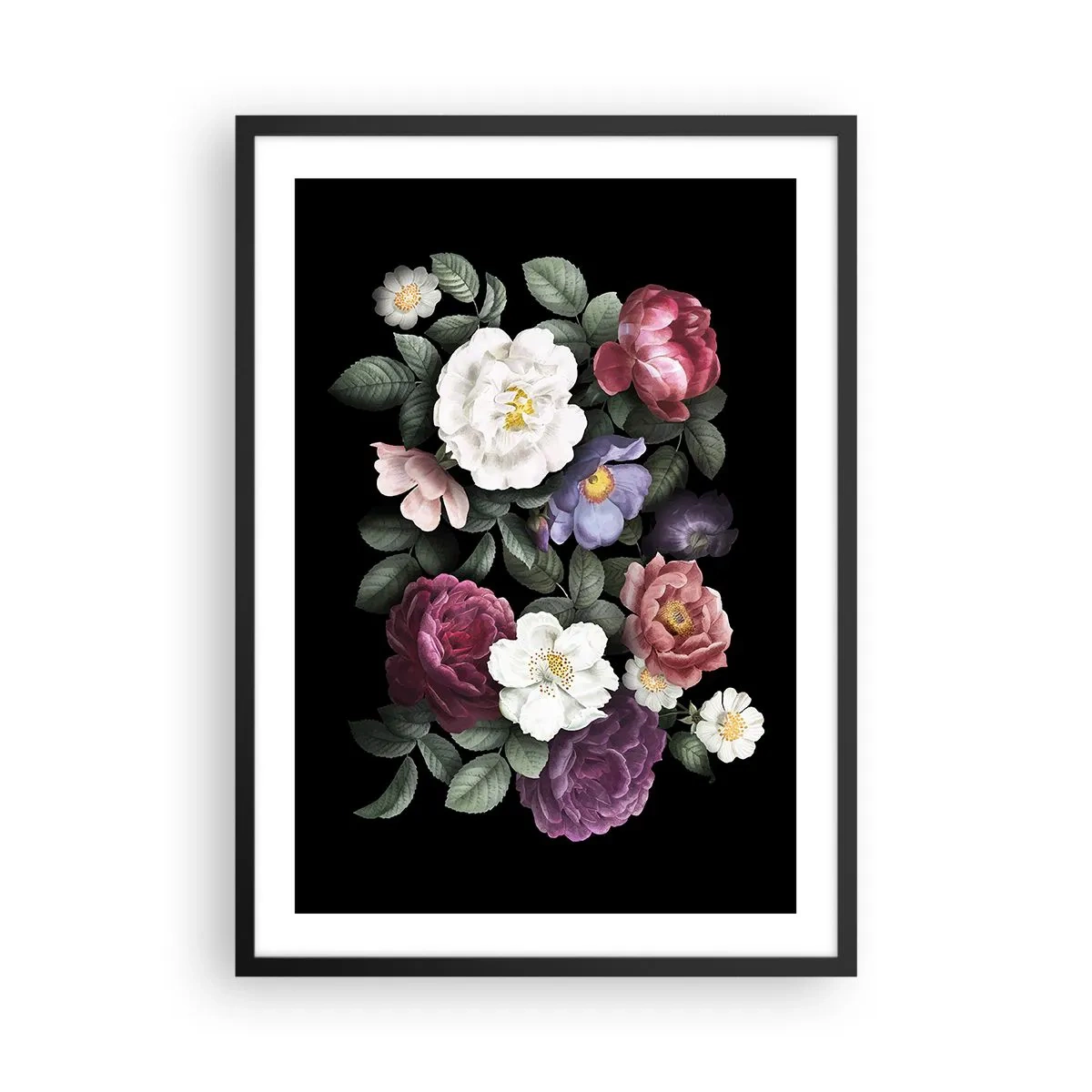 Plakát v černém rámu - Kytice květin na černém pozadí ve vintage stylu - 50x70cm - Z anglické zahrady - Moderní nástěnná dekorace do obývacího pokoje a ložnice ARTTOR