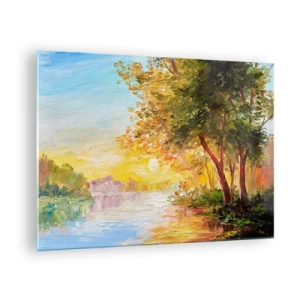 Obraz na skle - Jezero se stromy při západu slunce - 70x50cm - Et in Arcadia ego - Moderní nástěnná dekorace do obývacího pokoje a ložnice ARTTOR