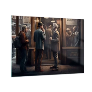 Obraz na skle - Muži si povídají před kavárnou v retro městském prostředí - 70x50cm - Dobrá chvíle dne - Moderní nástěnná dekorace do obývacího pokoje a ložnice ARTTOR