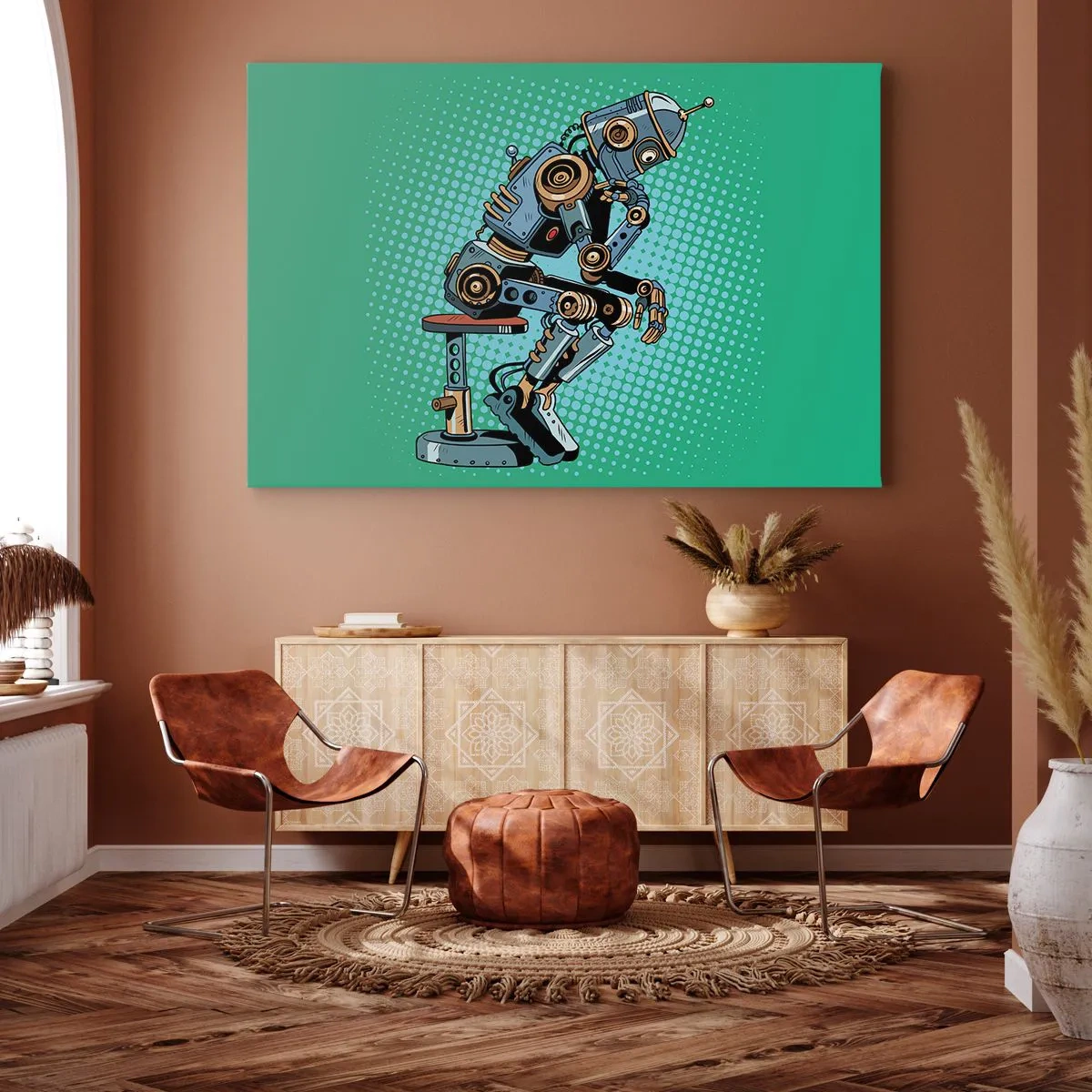Obraz na plátně - Myslitel ve stylu pop artu robot na zeleném pozadí - 70x50cm - Nad podstatou bytí - Moderní nástěnná dekorace do obývacího pokoje a ložnice ARTTOR