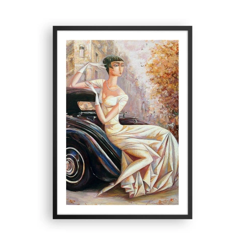 Plakát v černém rámu - Elegantní žena vedle retro auta v malířském stylu - 50x70cm - Elegance v retro stylu - Moderní nástěnná dekorace do obývacího pokoje a ložnice ARTTOR