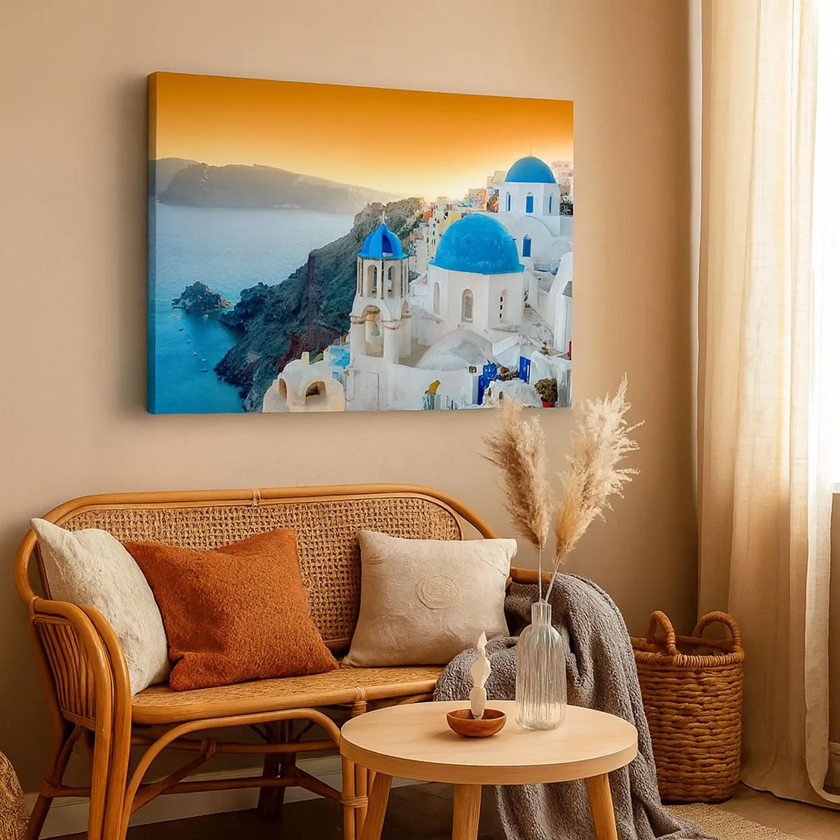 Obraz na plátně - Pohled na Santorini s bílými budovami a modrým mořem - 70x50cm - Santorini - přitulené ke skalám - Moderní nástěnná dekorace do obývacího pokoje a ložnice ARTTOR