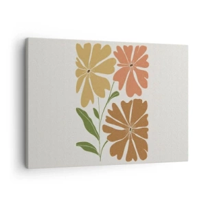 Obraz na plátně - Tři květiny v teplých barvách na světlém pozadí - 70x50cm - Příroda a geometrie - Moderní nástěnná dekorace do obývacího pokoje a ložnice ARTTOR