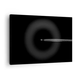 Obraz na plátně - Tryskové letadlo s viditelnou kondenzační stopou na černém pozadí - 70x50cm - Do jiné dimenze - Moderní nástěnná dekorace do obývacího pokoje a ložnice ARTTOR
