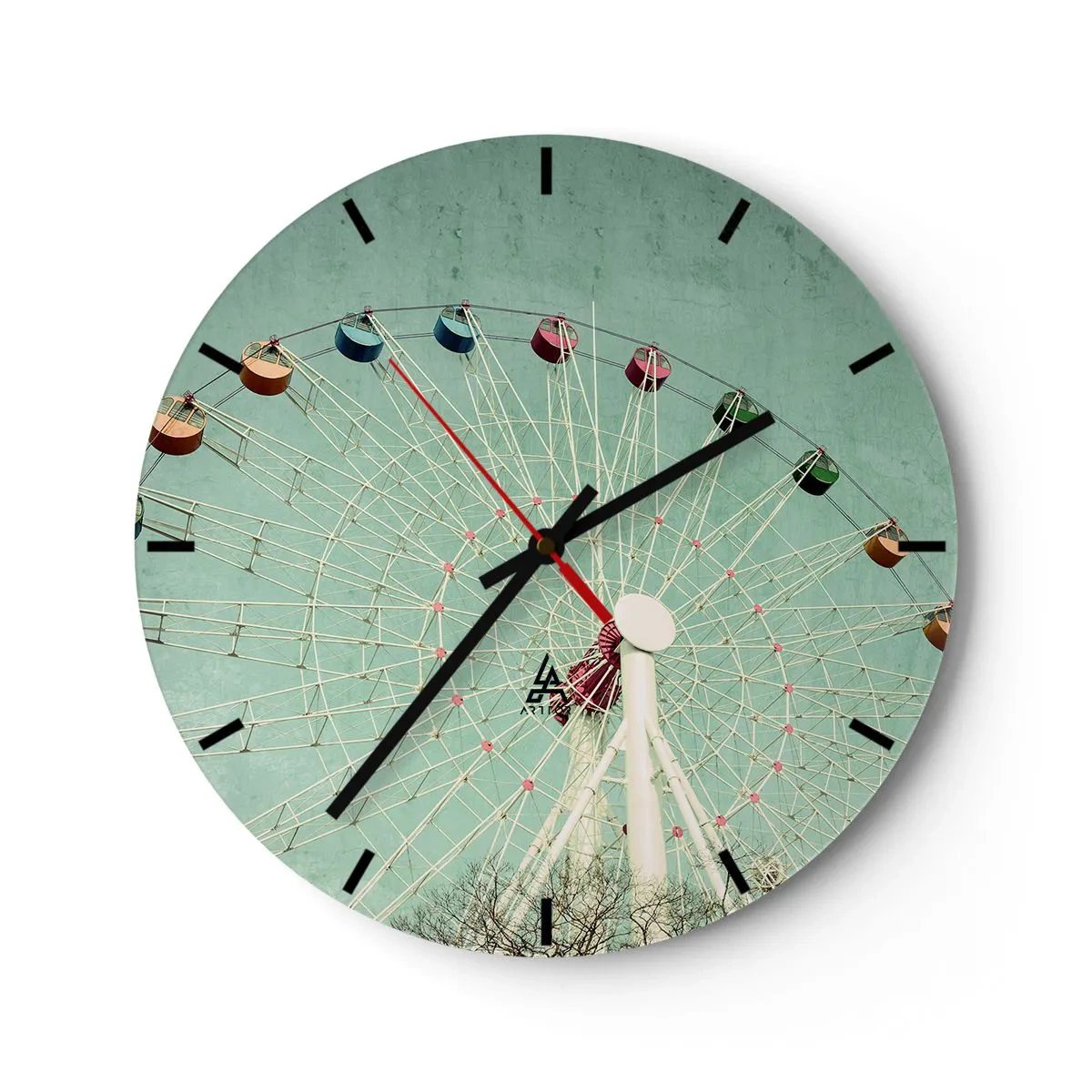 Nástěnné hodiny - Barevné ruské kolo na tyrkysovém pozadí - 30x30cm - Zveme vás k zábavě - Moderní nástěnná dekorace do obývacího pokoje, kuchyně a ložnice ARTTOR