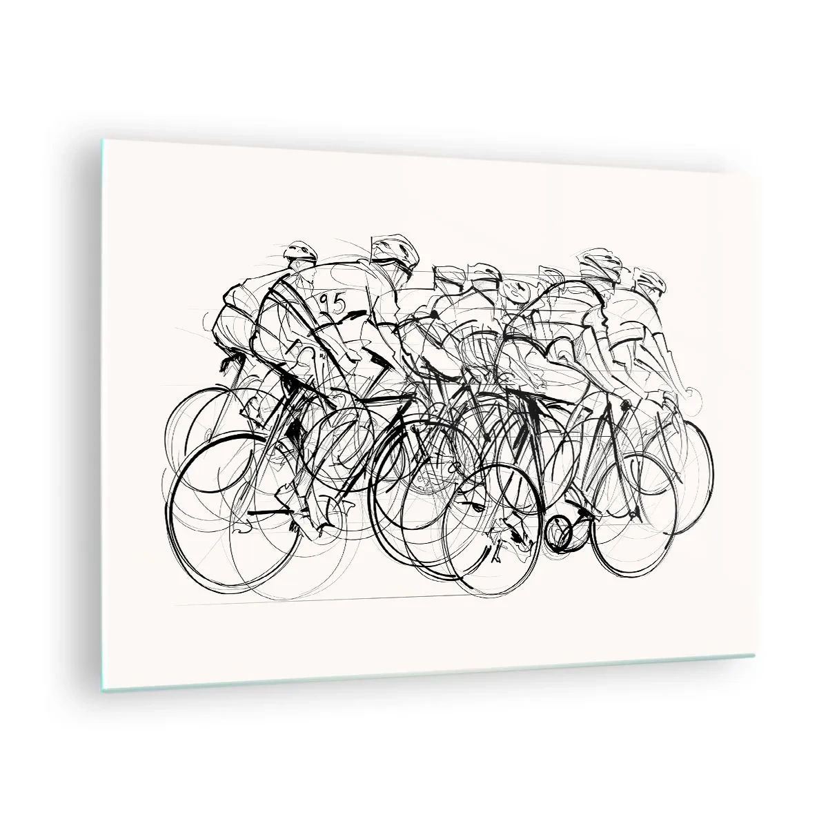 Obraz na skle - Náčrt skupiny cyklistů během závodu na bílém pozadí - 70x50cm - Společně v týmu - Moderní nástěnná dekorace do obývacího pokoje a ložnice ARTTOR