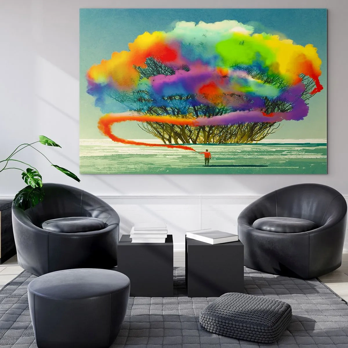 Obraz na skle - Barevná exploze kouře na pozadí osamělého stromu. - 70x50cm - Oživit tento svět - Moderní nástěnná dekorace do obývacího pokoje a ložnice ARTTOR