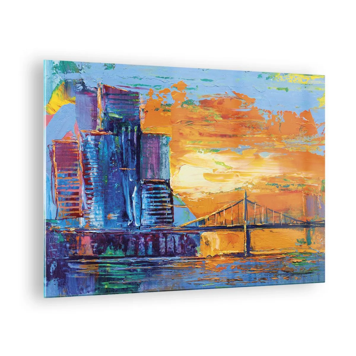 Obraz na skle - Barevné město a most v záři zapadajícího slunce - 70x50cm - Kultura a příroda - Moderní nástěnná dekorace do obývacího pokoje a ložnice ARTTOR