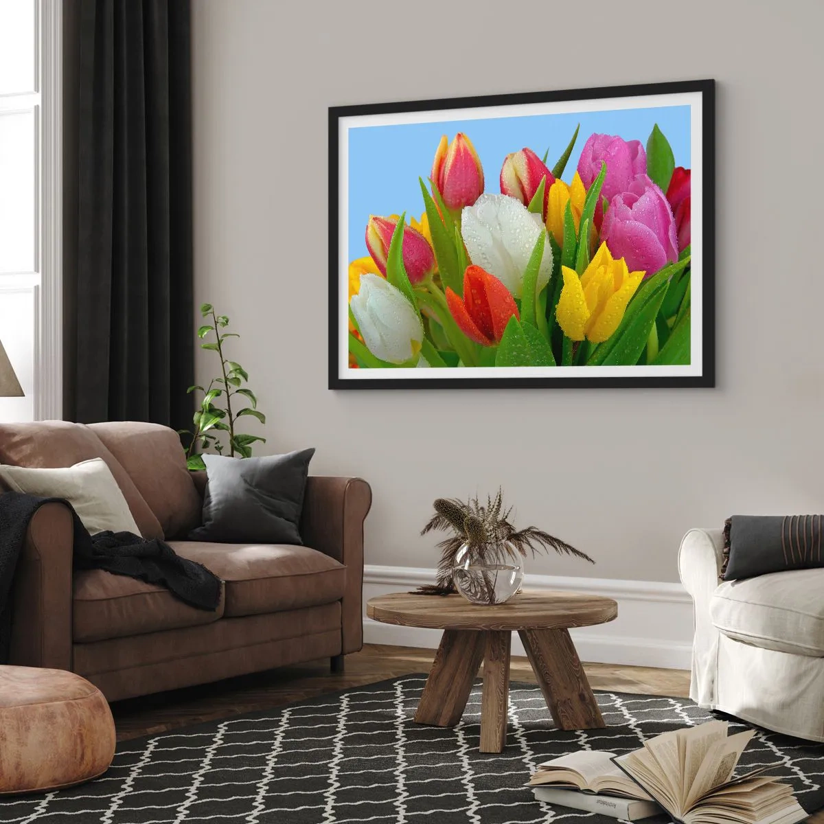 Plakát v černém rámu - Květinová duha v kapkách rosy - 40x30 cm