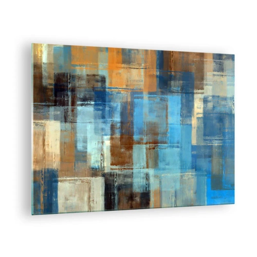 Obraz na skle - Abstraktní geometrické kompozice v odstínech modré a hnědé - 70x50cm - Přes modrý závoj - Moderní nástěnná dekorace do obývacího pokoje a ložnice ARTTOR