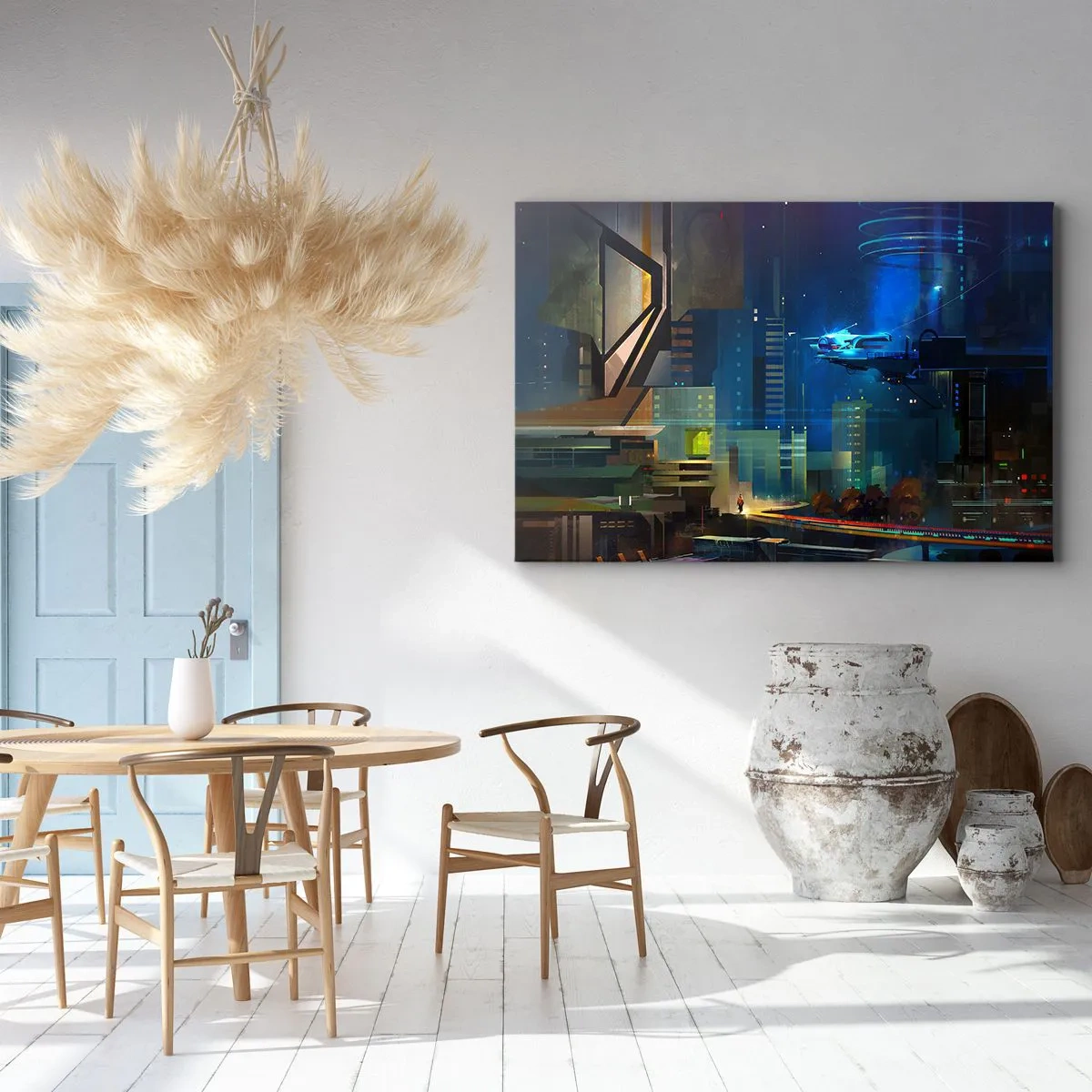 Obraz na plátně - Futuristické město v noci s neonovými světly a létajícím vozidlem - 70x50cm - V blízké budoucnosti - Moderní nástěnná dekorace do obývacího pokoje a ložnice ARTTOR