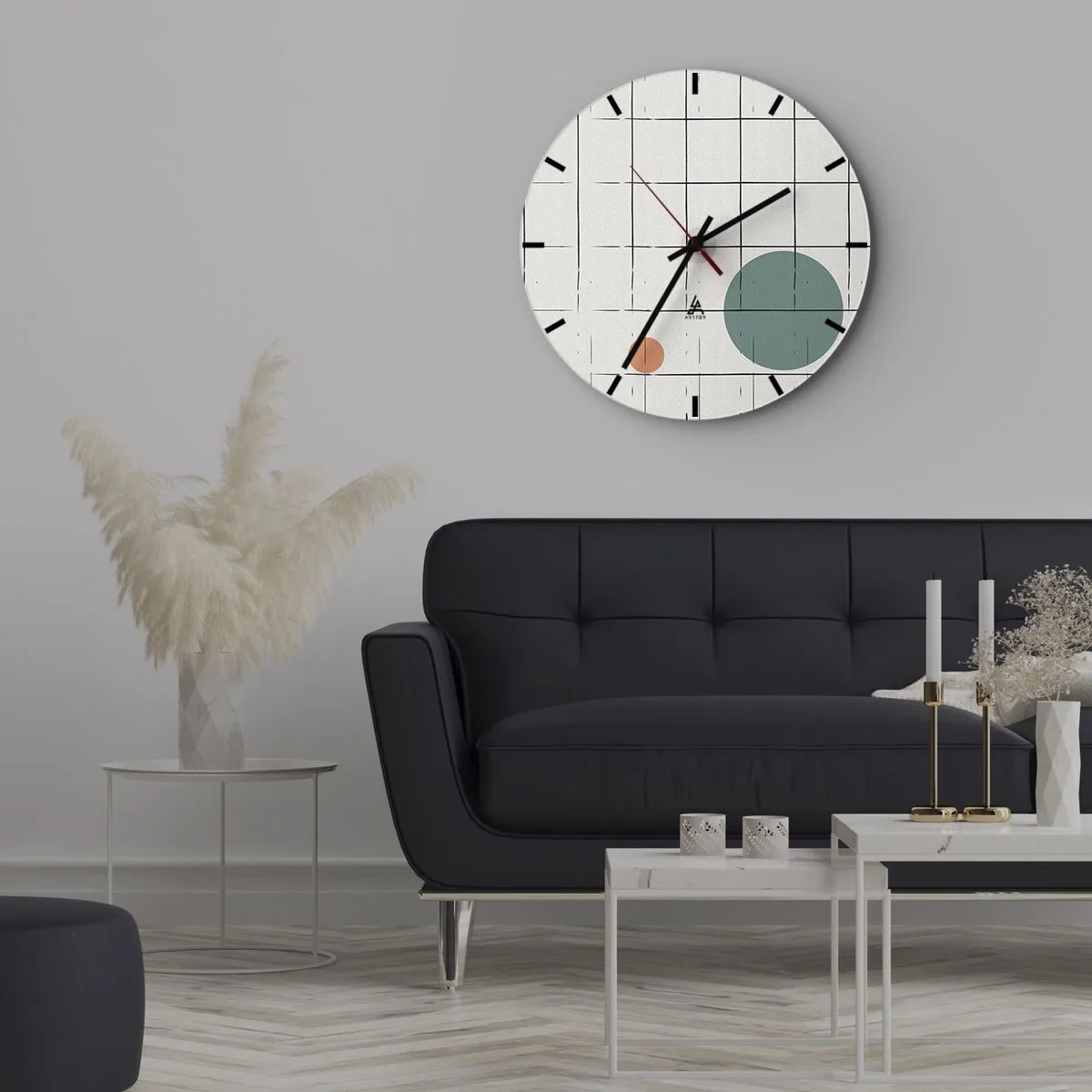 Nástěnné hodiny - Mřížka svislých a vodorovných linií s barevnými kruhy na pozadí - 30x30cm - V pasti. My nebo ony? - Moderní nástěnná dekorace do obývacího pokoje, kuchyně a ložnice ARTTOR
